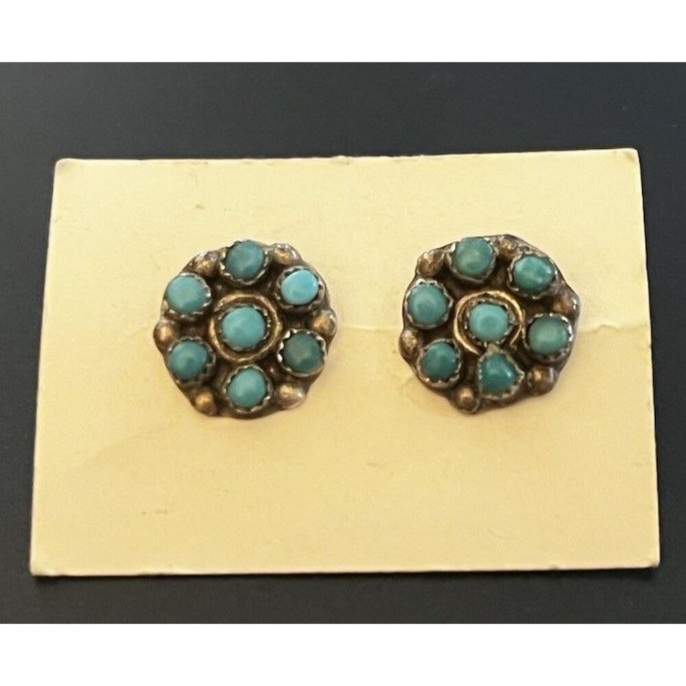 Vintage Zuni Sterling Silver Petit Point Snake Eyes Turquoise Pierced Earrings